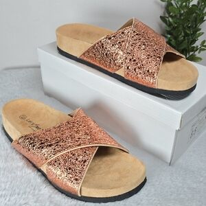 Let's See Style Rose Gold Pauly Slip On Crossover Strap Shimmer Sandals Size 8.5